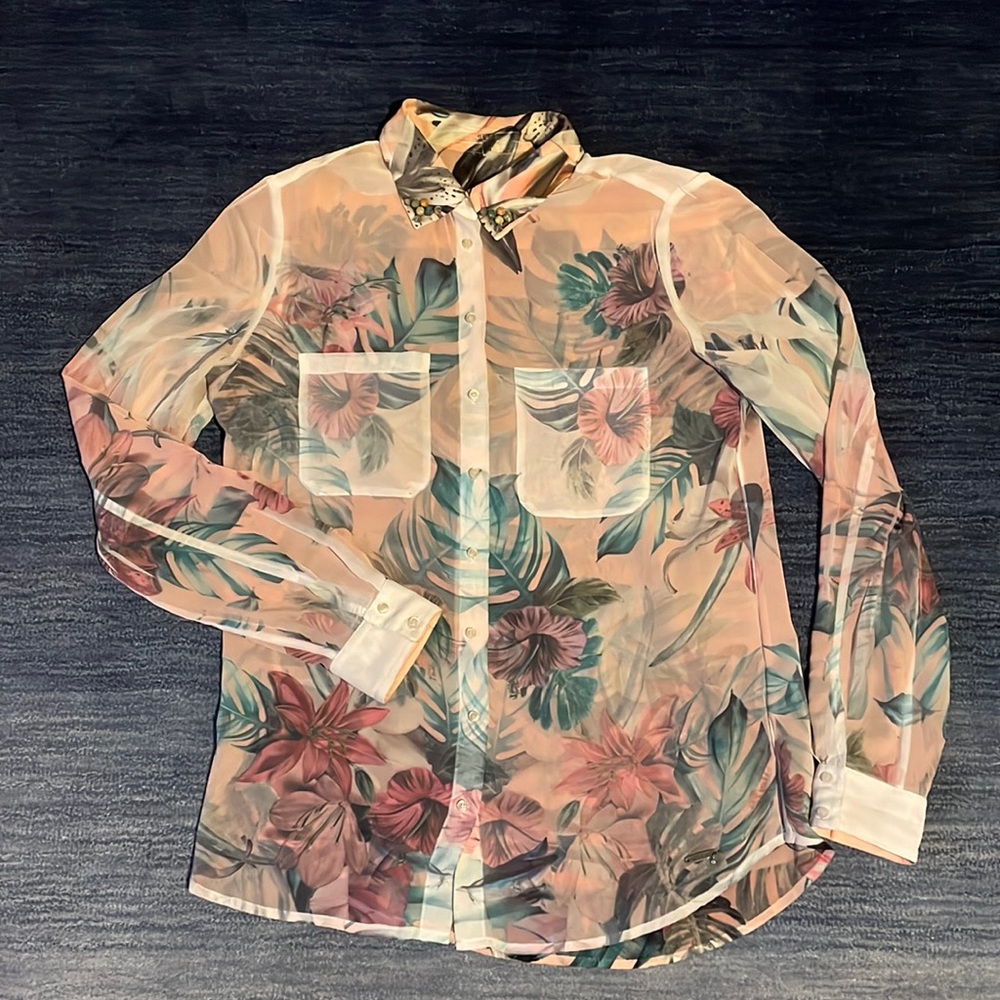 Guess Tropical Print Sheer Blouse, Medium